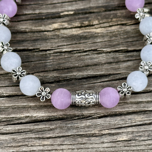 Lila-Weisses Kunststein Armband 8 mm matt mit Blumen