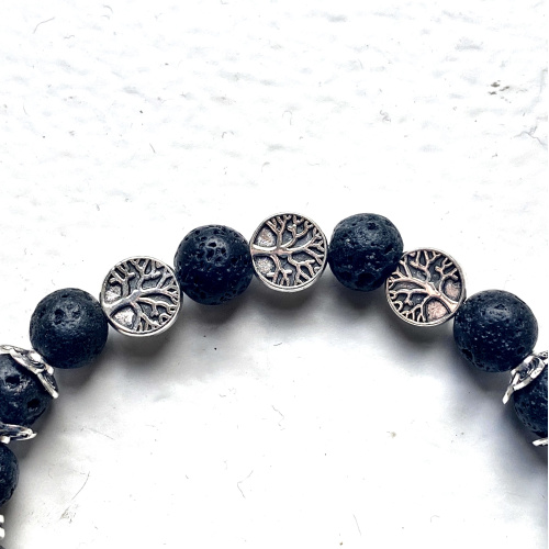 Lavastein Armband matt 8 mm mit Lebensbaum und Sonnenanhänger