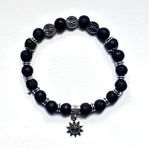 Lavastein Armband matt 8 mm mit Lebensbaum und Sonnenanhänger